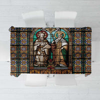 Christian stained-glass window tablecloth with two standing saints and arches