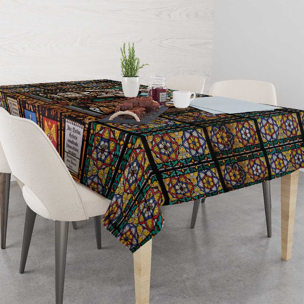 Christian stained-glass tablecloth with saints artwork draped over table edge