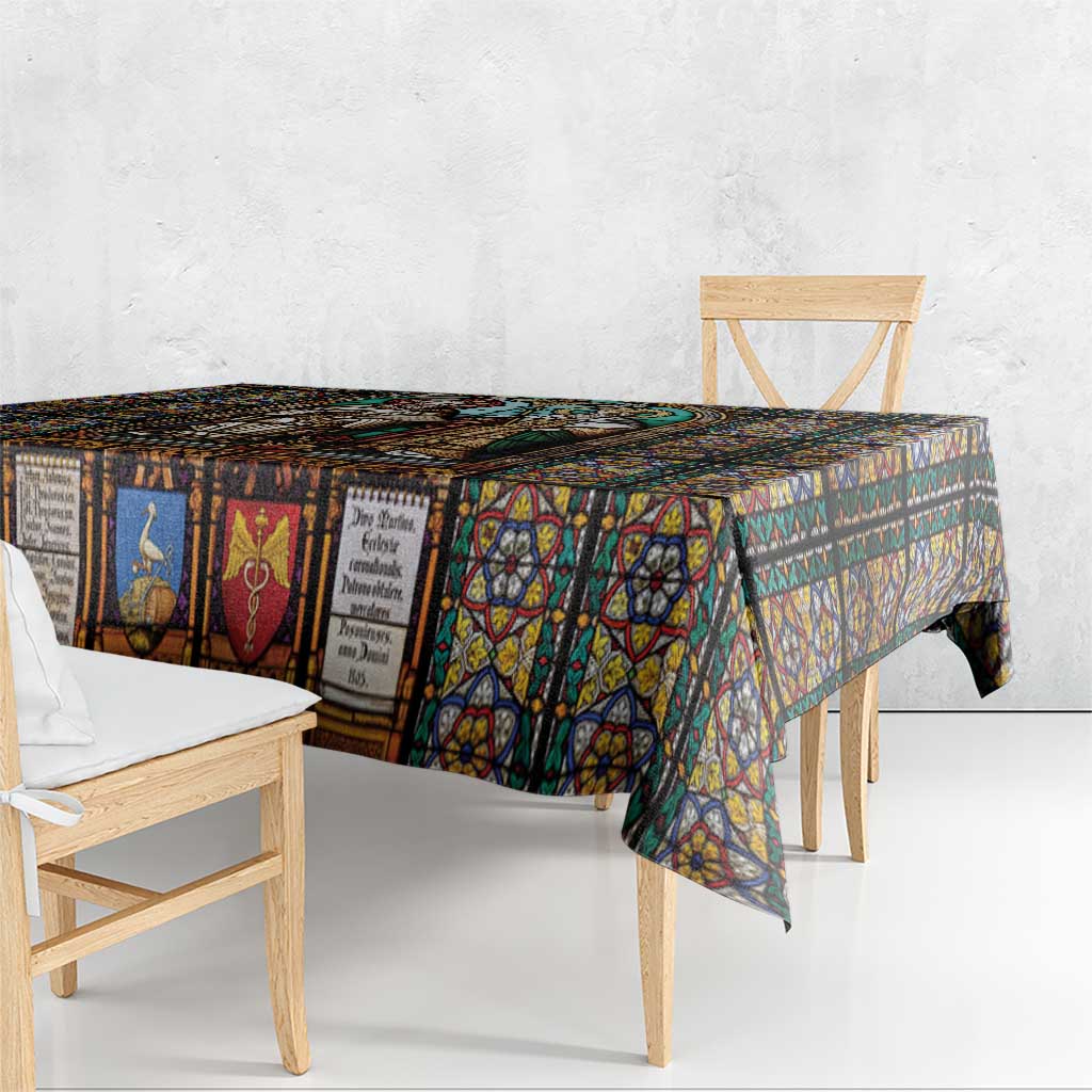 Christian stained-glass tablecloth corner detail with saint figures and panel borders
