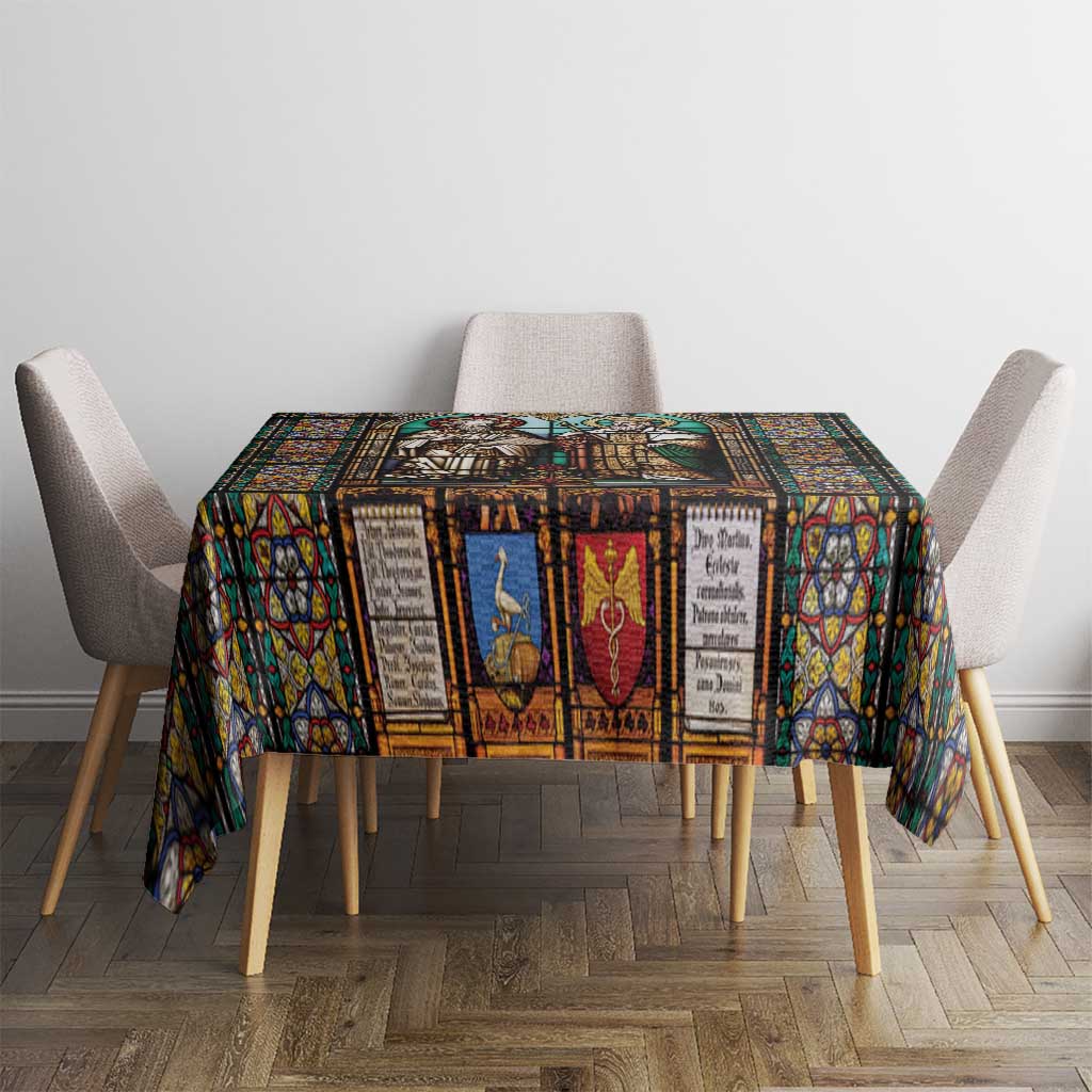 Christian stained-glass window tablecloth centered on dining table with chairs