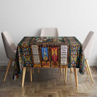Christian stained-glass window tablecloth centered on dining table with chairs