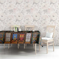 Christian stained-glass tablecloth on dining table with ornate framed motifs