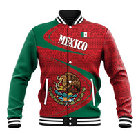 Red and green Mexico folk baseball jacket with crest, snap button front, striped cuffs