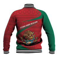 Red and green Mexico folk baseball jacket with back coat-of-arms print and striped trim