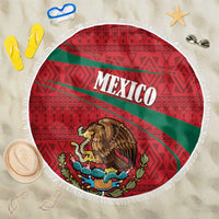 Round red and green Mexico beach blanket with eagle emblem and folk diamonds, fringed