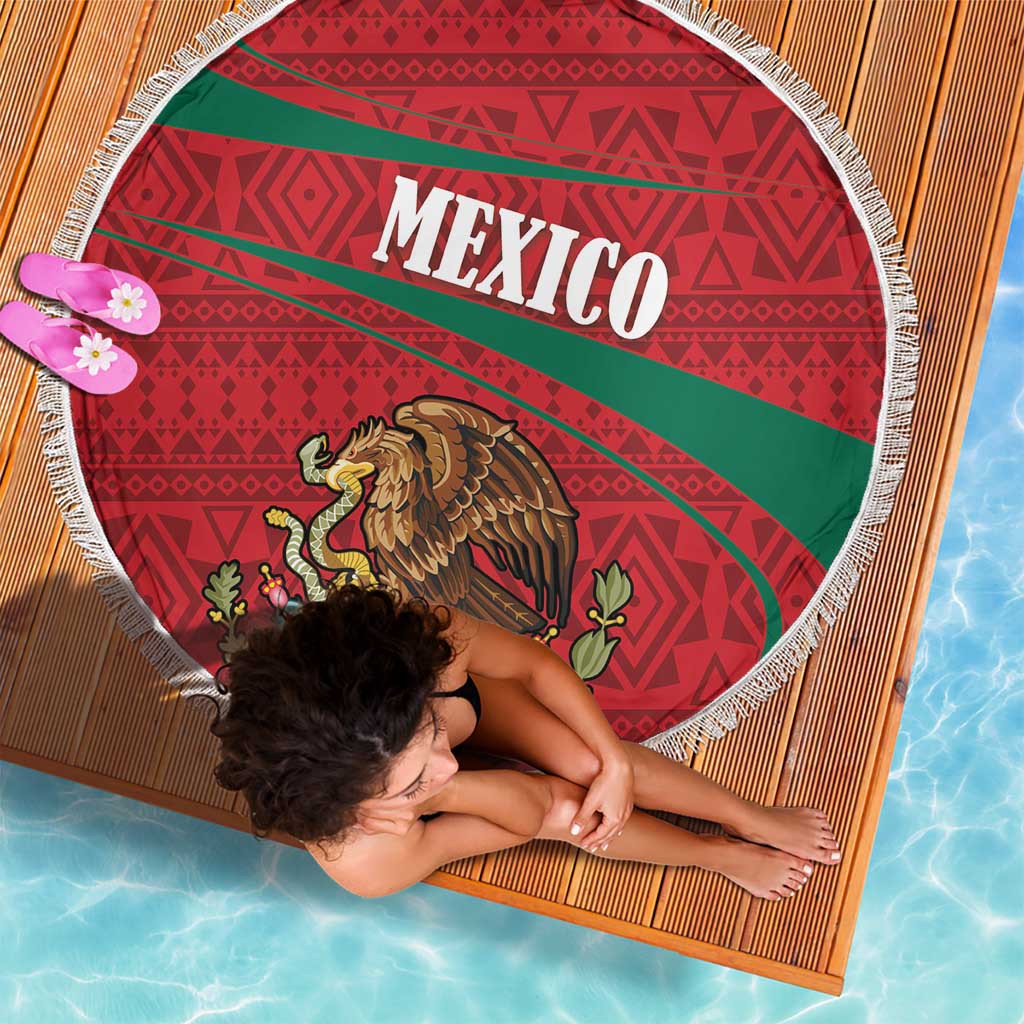 Round Mexico beach blanket with eagle coat-of-arms and green stripe, fringed edge