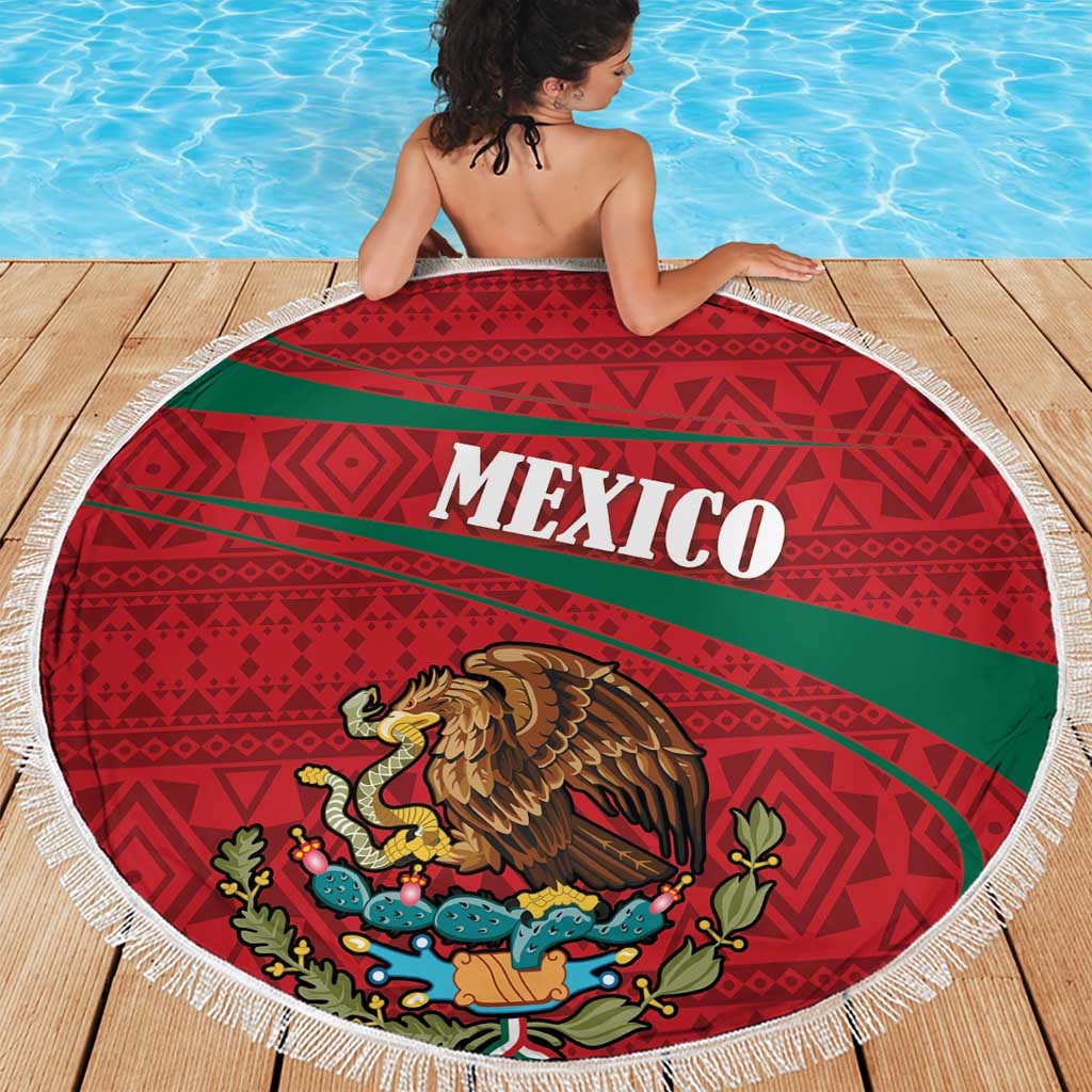 Round beach blanket with red and green folk pattern, Mexico text, fringed edge