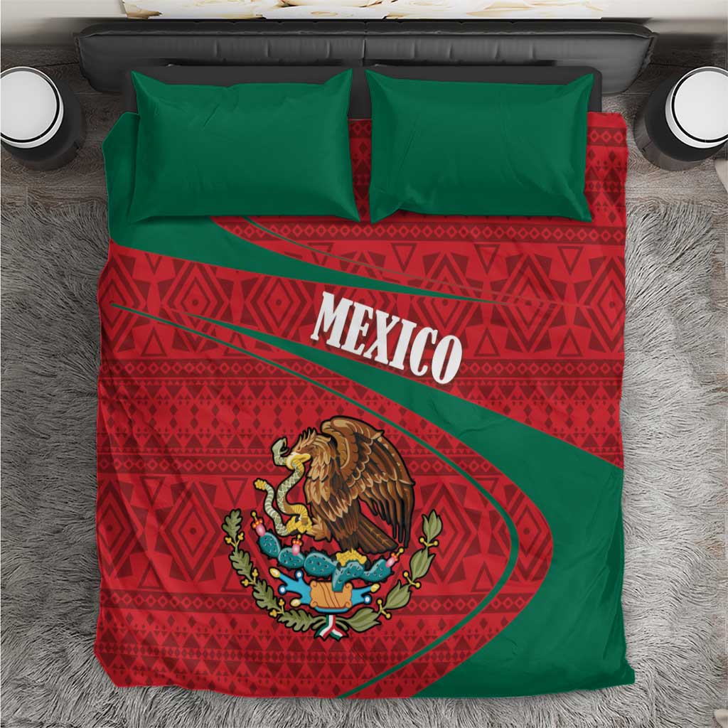 Mexico folk bedding set with red-green patterned comforter and two green pillowcases