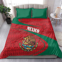 Mexico folk bedding set with red-green comforter featuring coat of arms center and 2 pillows