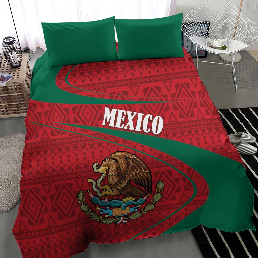 Mexico folk bedding set with red-green comforter, coat of arms graphic, and two green pillows