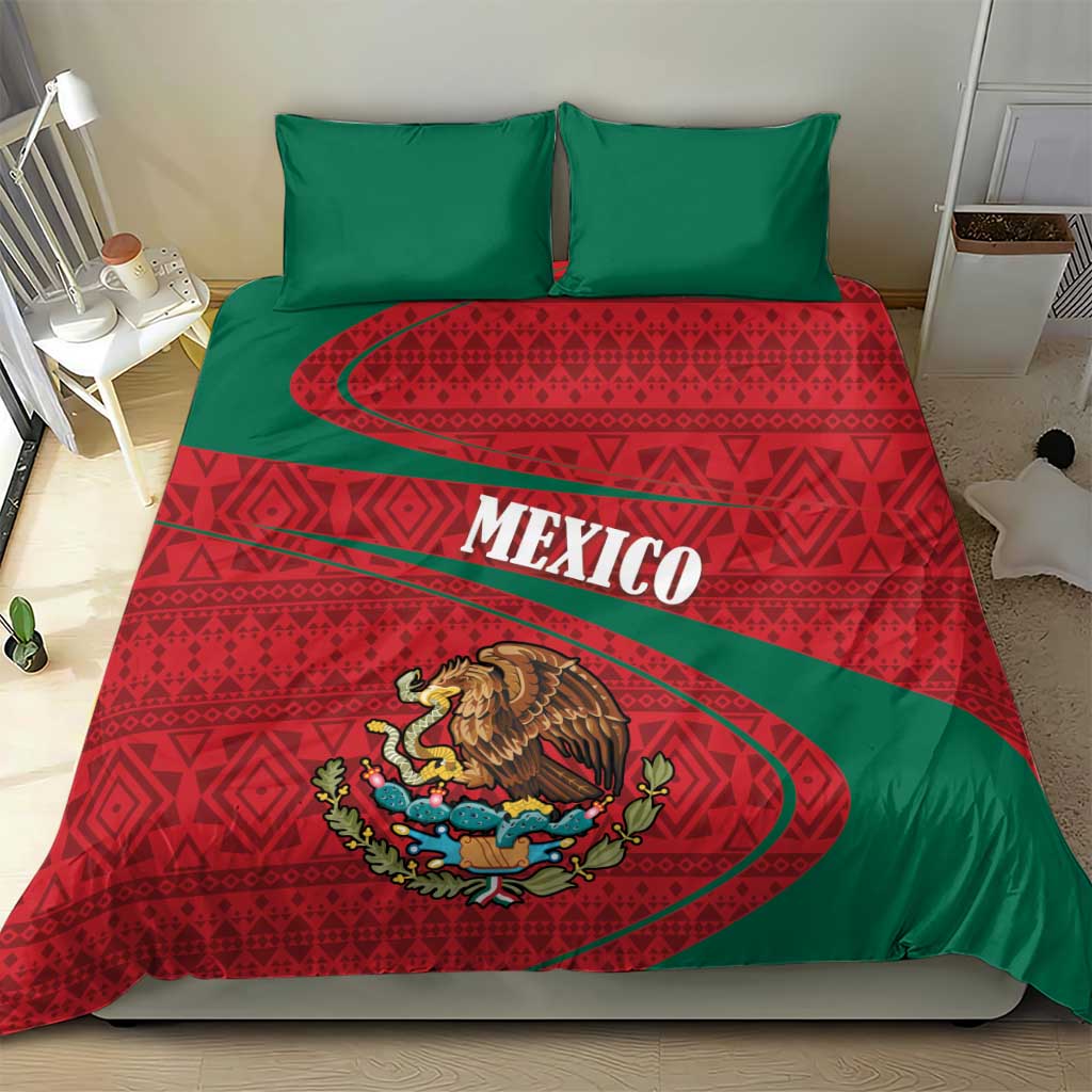 Mexico folk bedding set with red-green patterned comforter and matching green pillowcases