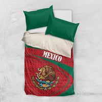 Mexico bedding set with red comforter panel, green trim, coat of arms, and two pillows
