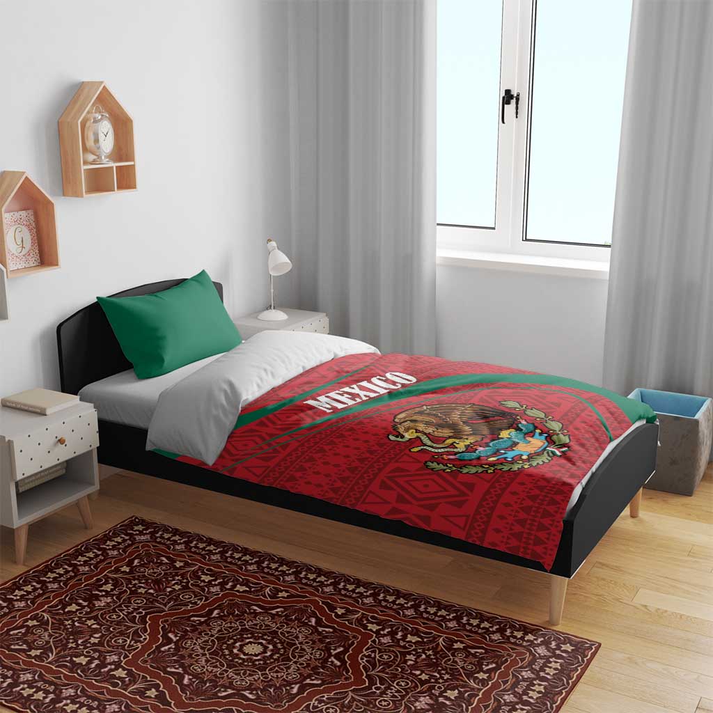 Mexico folk bedding set on bed with red-green comforter and coat of arms, plus green pillows