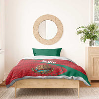Mexico folk duvet with red-green coat of arms graphic and green pillow on wooden bed