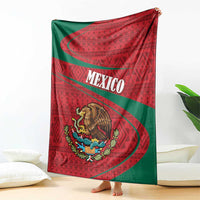 Mexico coat of arms blanket with Mexico text, red folk design, and green border
