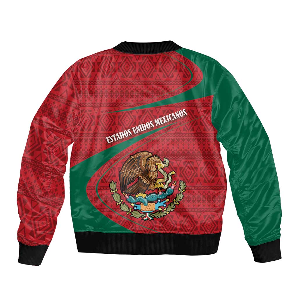 Red and green Mexico coat of arms bomber jacket, back graphic with crest and text, ribbed hem.