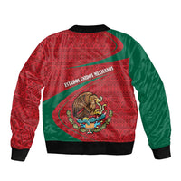 Red and green Mexico coat of arms bomber jacket, back graphic with crest and text, ribbed hem.
