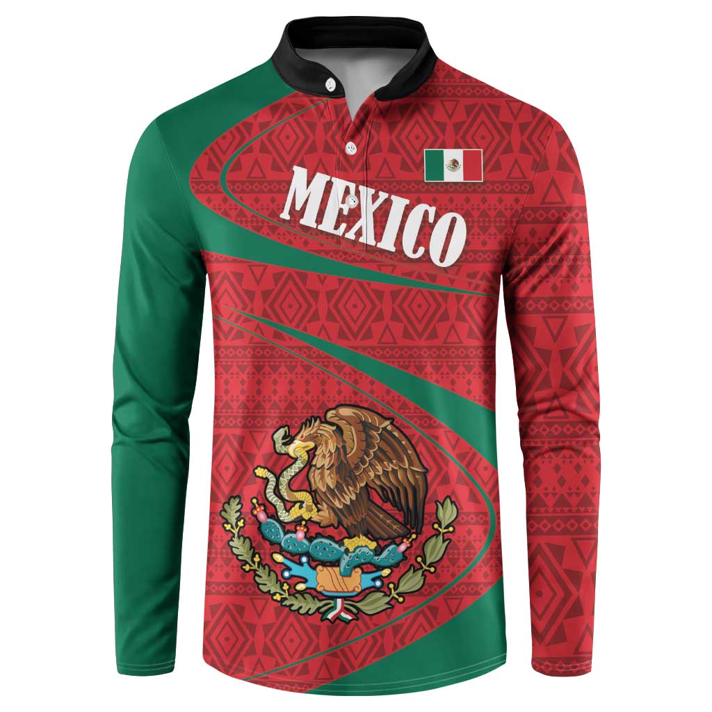 Red and green folk pattern button sweatshirt with Mexico front graphic and coat of arms