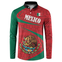 Red and green folk pattern button sweatshirt with Mexico front graphic and coat of arms