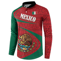Red and green folk print button sweatshirt with Mexico front text, flag detail, coat of arms