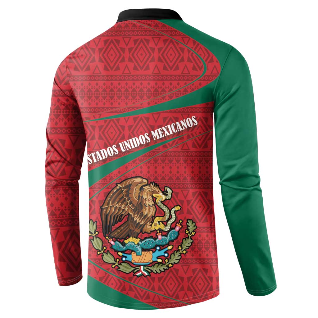 Red and green folk print button sweatshirt with "Estados Unidos Mexicanos" back text and coat of arms