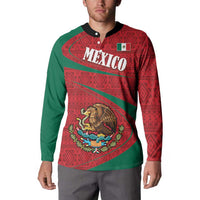 Red and green folk pattern button sweatshirt with Mexico chest graphic and lion coat of arms