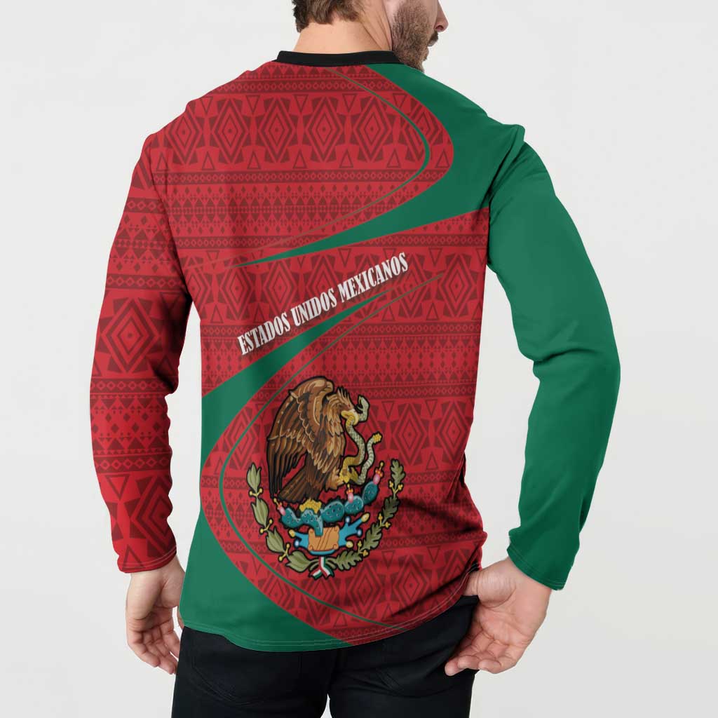 Red and green folk print button sweatshirt with back "Estados Unidos Mexicanos" text and lion emblem