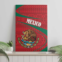 Red and green Mexico coat of arms canvas wall art with MEXICO text, front view.