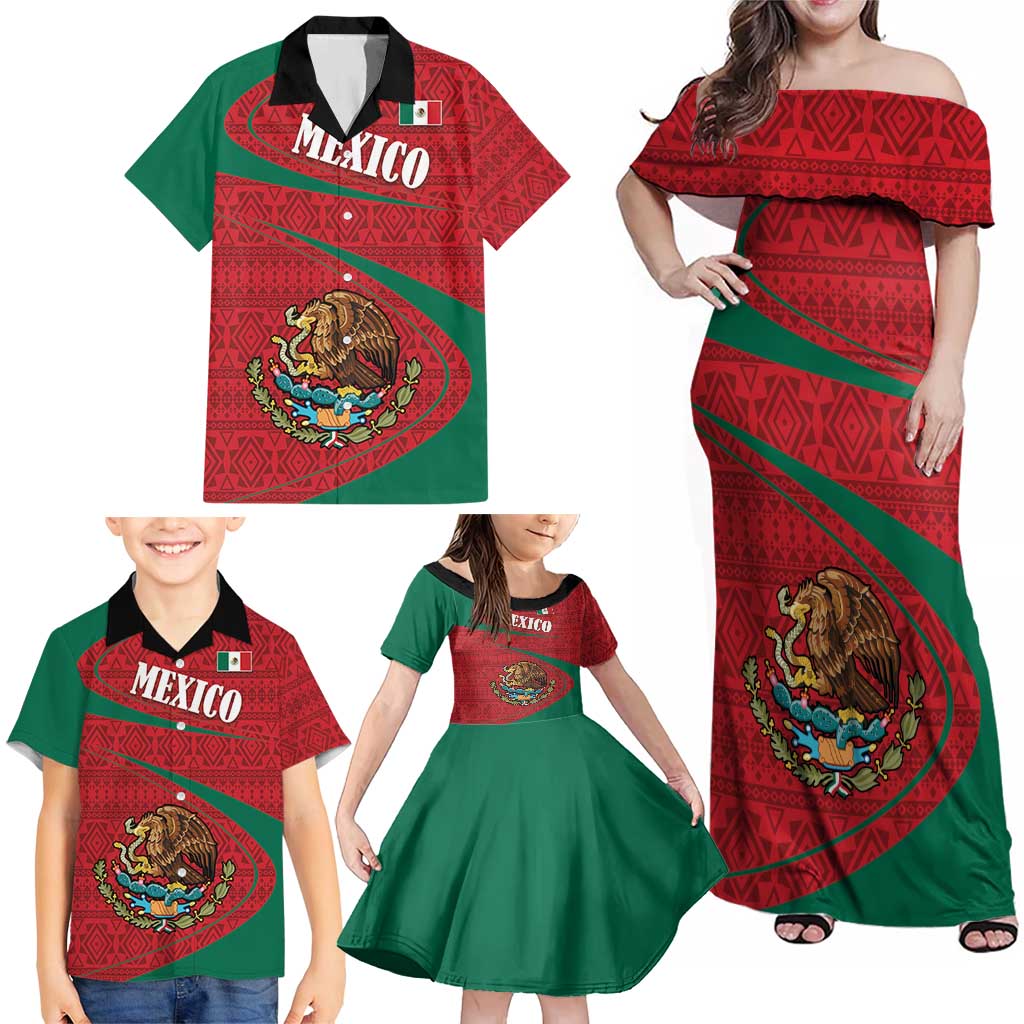 Mexico Coat Of Arms Family Matching Off Shoulder Maxi Dress and Hawaiian Shirt With Folk Pattern