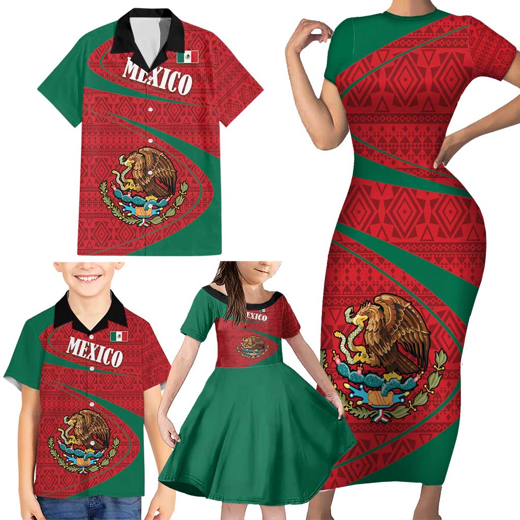 Mexico Coat Of Arms Family Matching Short Sleeve Bodycon Dress and Hawaiian Shirt With Folk Pattern