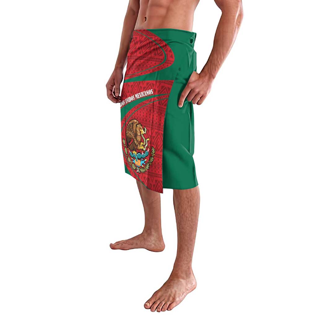 Green sarong wrap skirt with red geometric folk print and crest on front