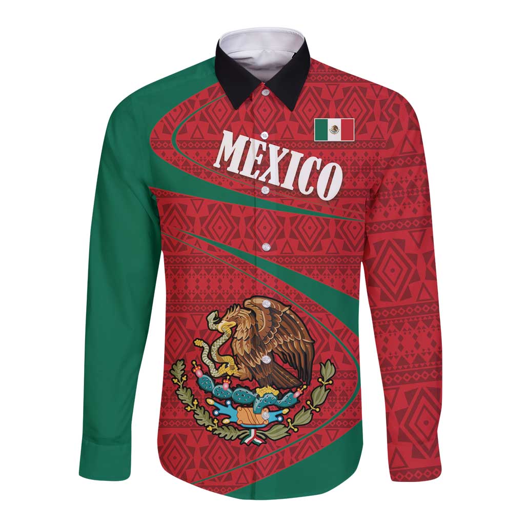 Unisex long-sleeve button shirt with red and green folk graphic crest