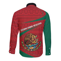 Unisex long-sleeve button shirt, back shows red and green folk crest text
