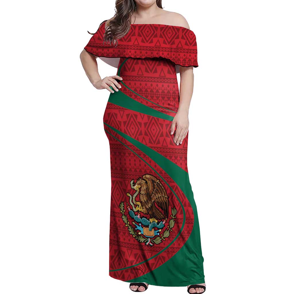 Mexico Coat Of Arms Off Shoulder Maxi Dress With Folk Pattern