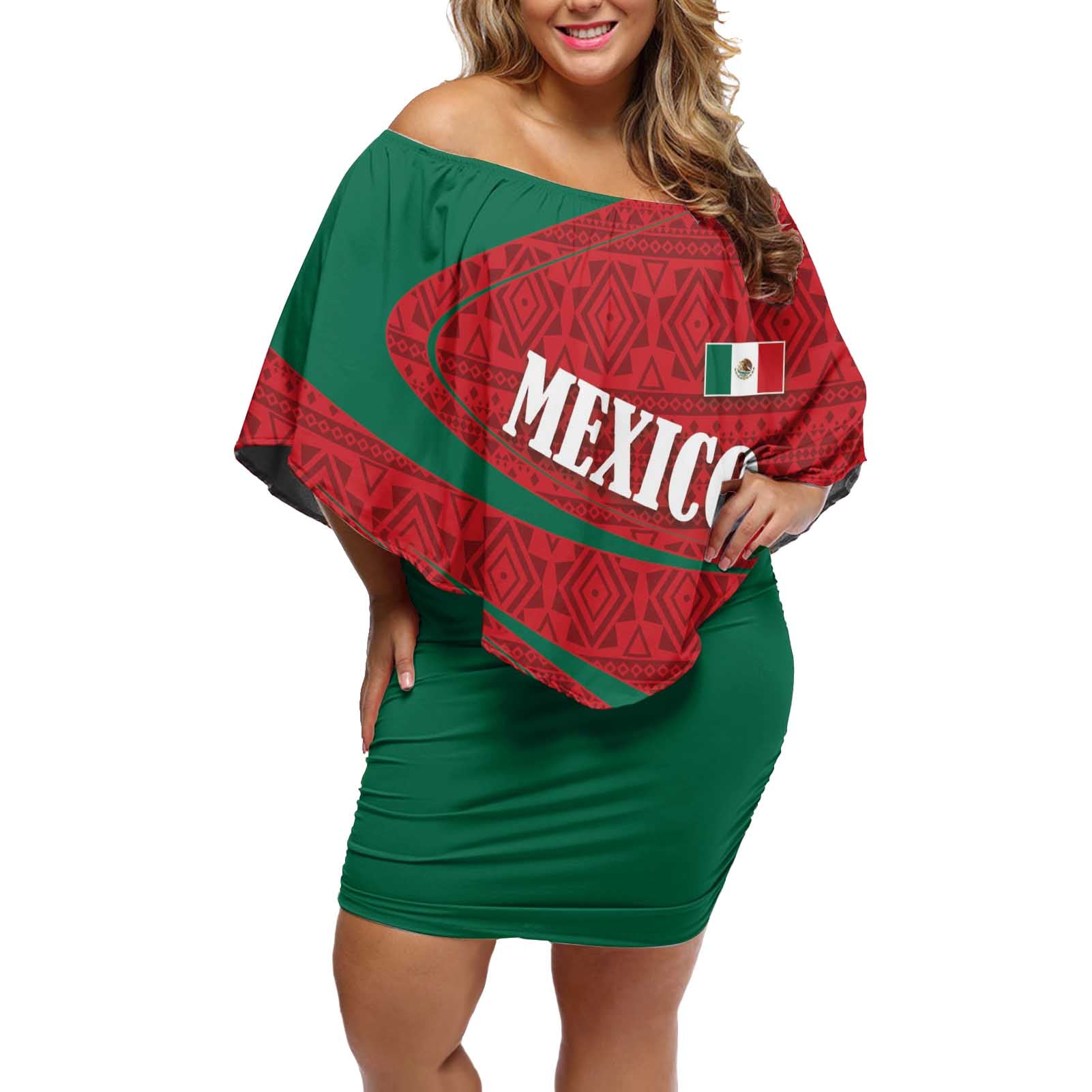 Mexico Coat Of Arms Off Shoulder Short Dress With Folk Pattern