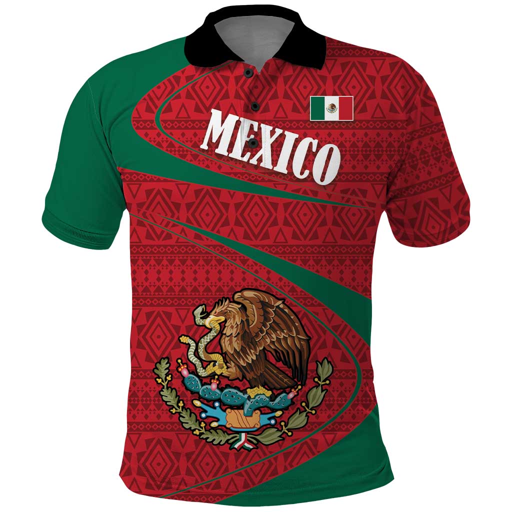 Mexico Coat Of Arms Polo Shirt With Folk Pattern - Wonder Print Shop