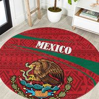 Round red folk-pattern carpet with green band, Mexico text and coat of arms eagle