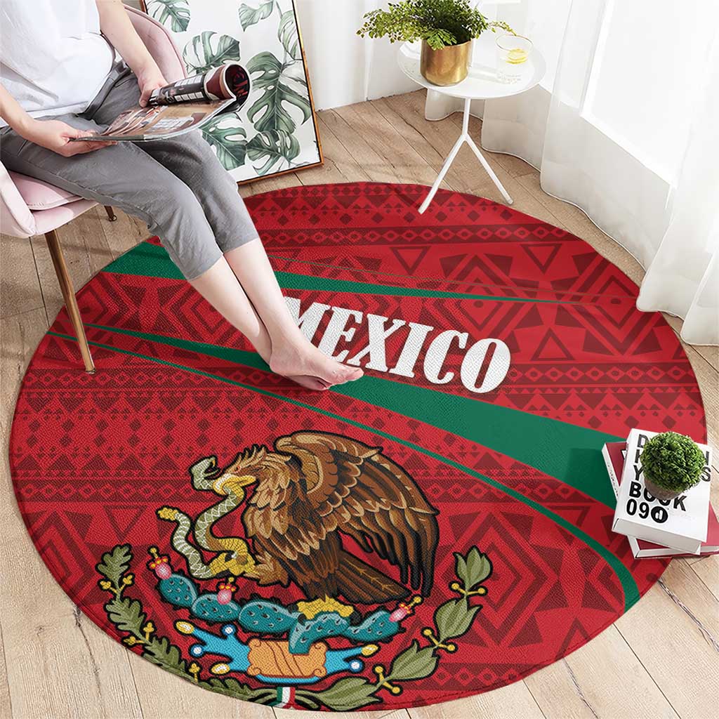 Round red carpet with green stripe, bold Mexico lettering and coat of arms eagle graphic
