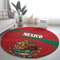 Round red folk-style carpet featuring Mexico text and coat of arms eagle emblem