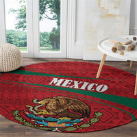 Round red carpet with green border, Mexico lettering and coat of arms eagle illustration