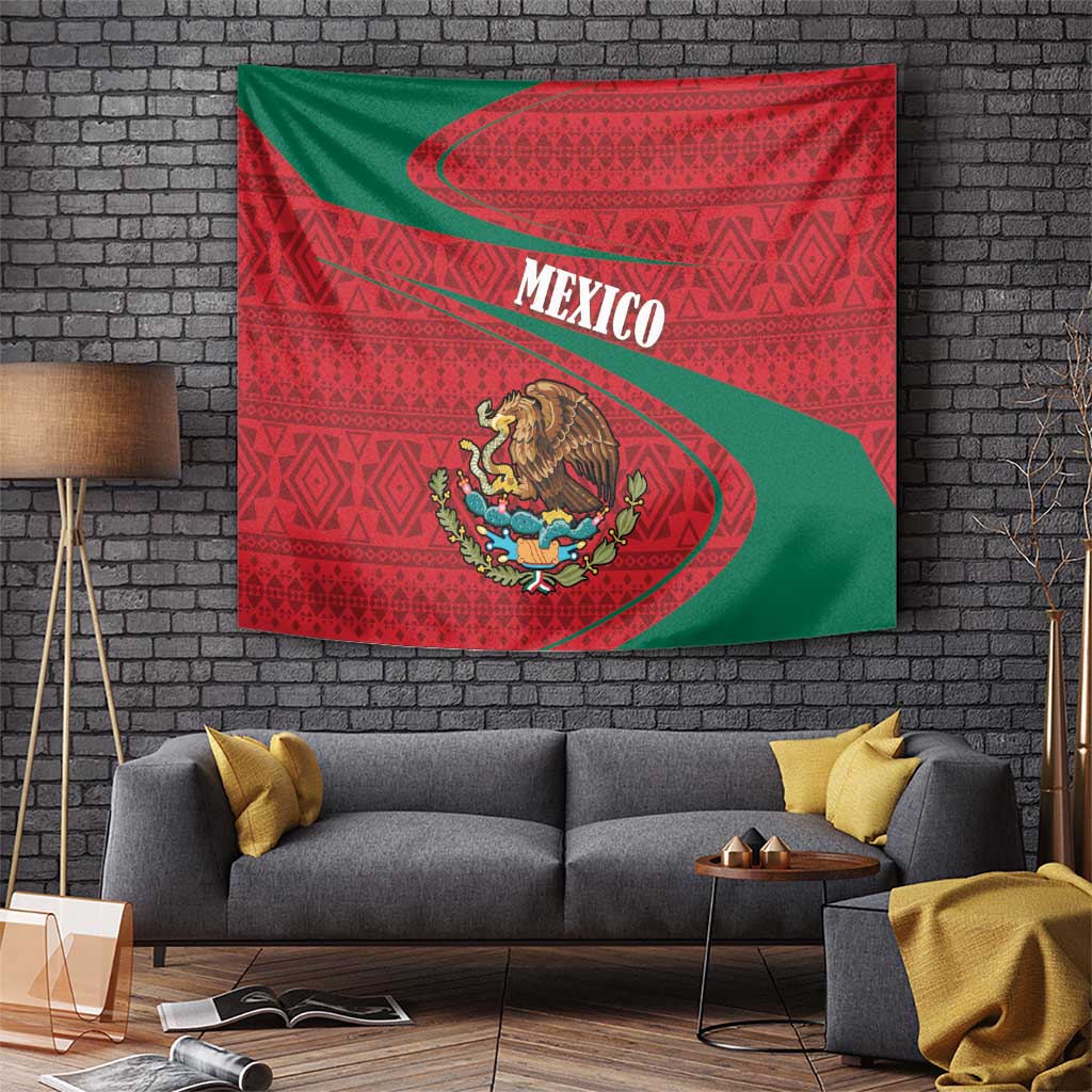 Mexico coat of arms tapestry with folk pattern showing MEXICO lettering, red base and green band