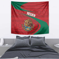 Mexico coat of arms tapestry with folk pattern, red and green design with MEXICO text and crest