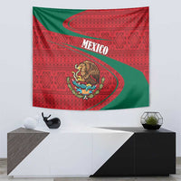 Mexico coat of arms tapestry with folk pattern featuring MEXICO title and lion crest in red and green