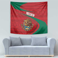 Mexico coat of arms tapestry with folk pattern, red background with green diagonal stripe and MEXICO