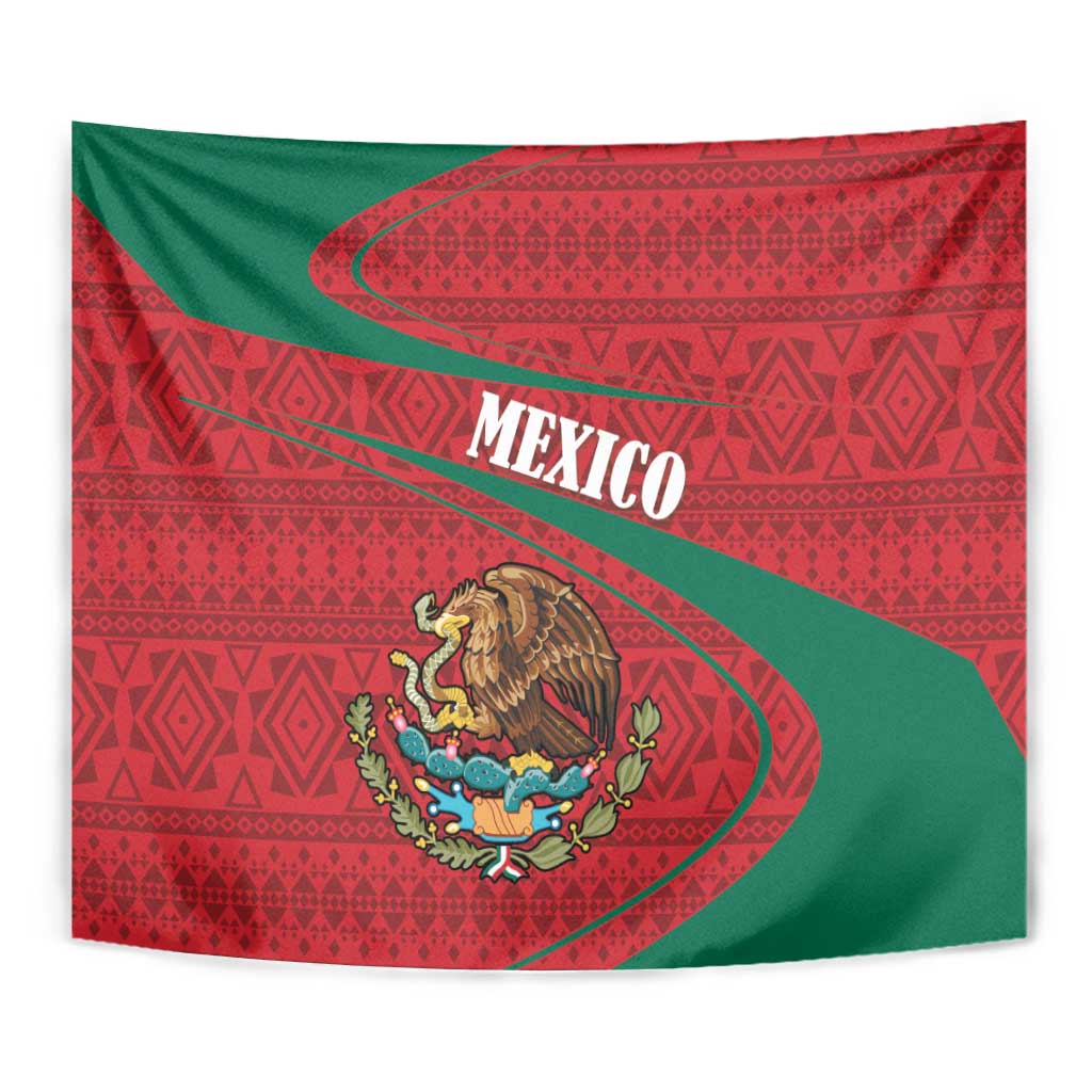Close view of Mexico coat of arms tapestry with folk pattern, red and green with MEXICO text