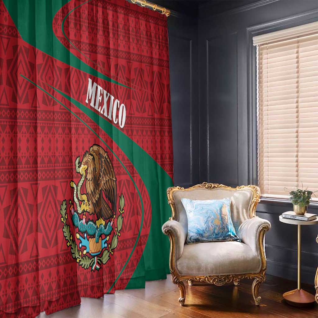 Mexico-themed window curtain, red and green folk pattern with coat of arms crest