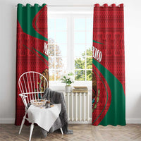 Red and green curtain panels with coat of arms emblem and arched folk stripe design