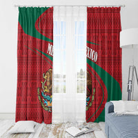 Red and green window curtain pair with Mexico coat of arms graphic and repeating motifs