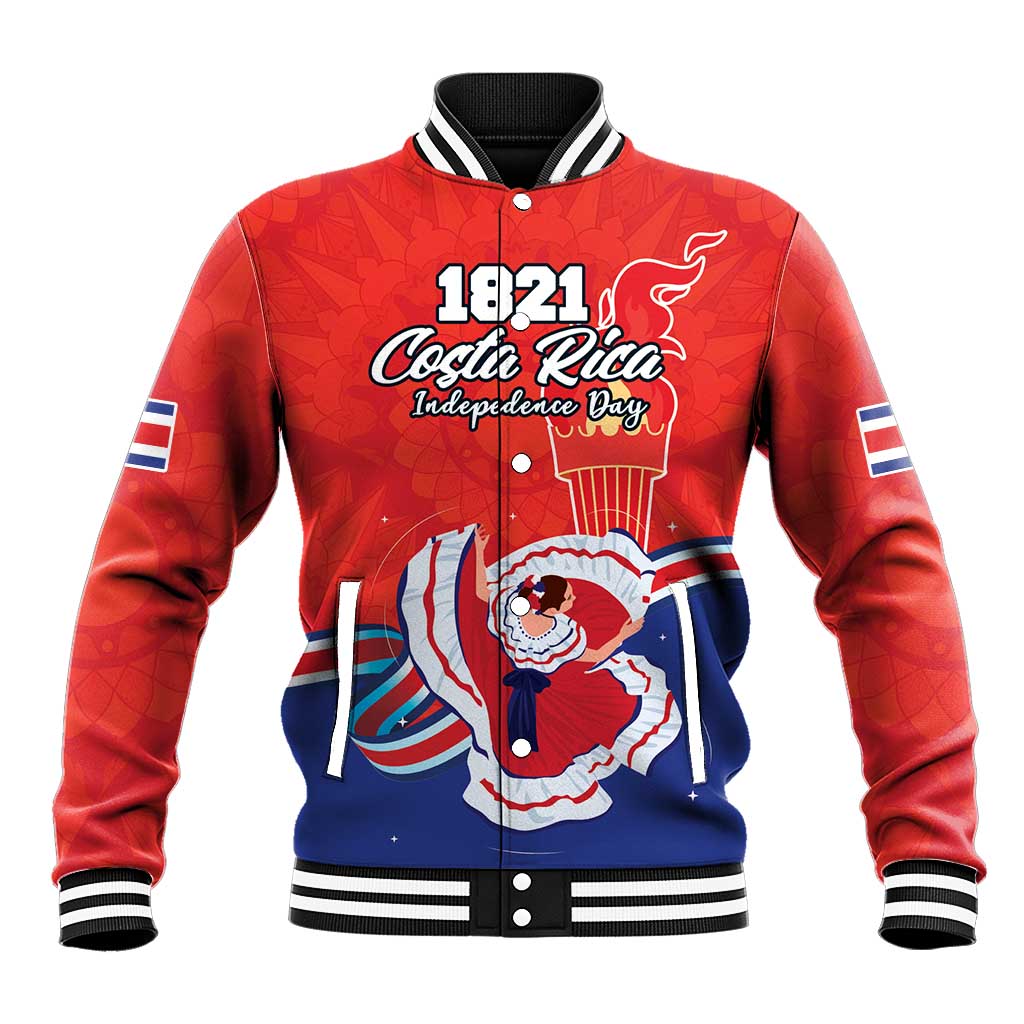 Personalized Costa Rica Independence Day Since 1821 Baseball Jacket Folk Dancer with Folk Art Pattern - Wonder Print Shop