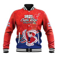 Red baseball jacket with black striped collar, front buttons, and Costa Rica Independence graphic